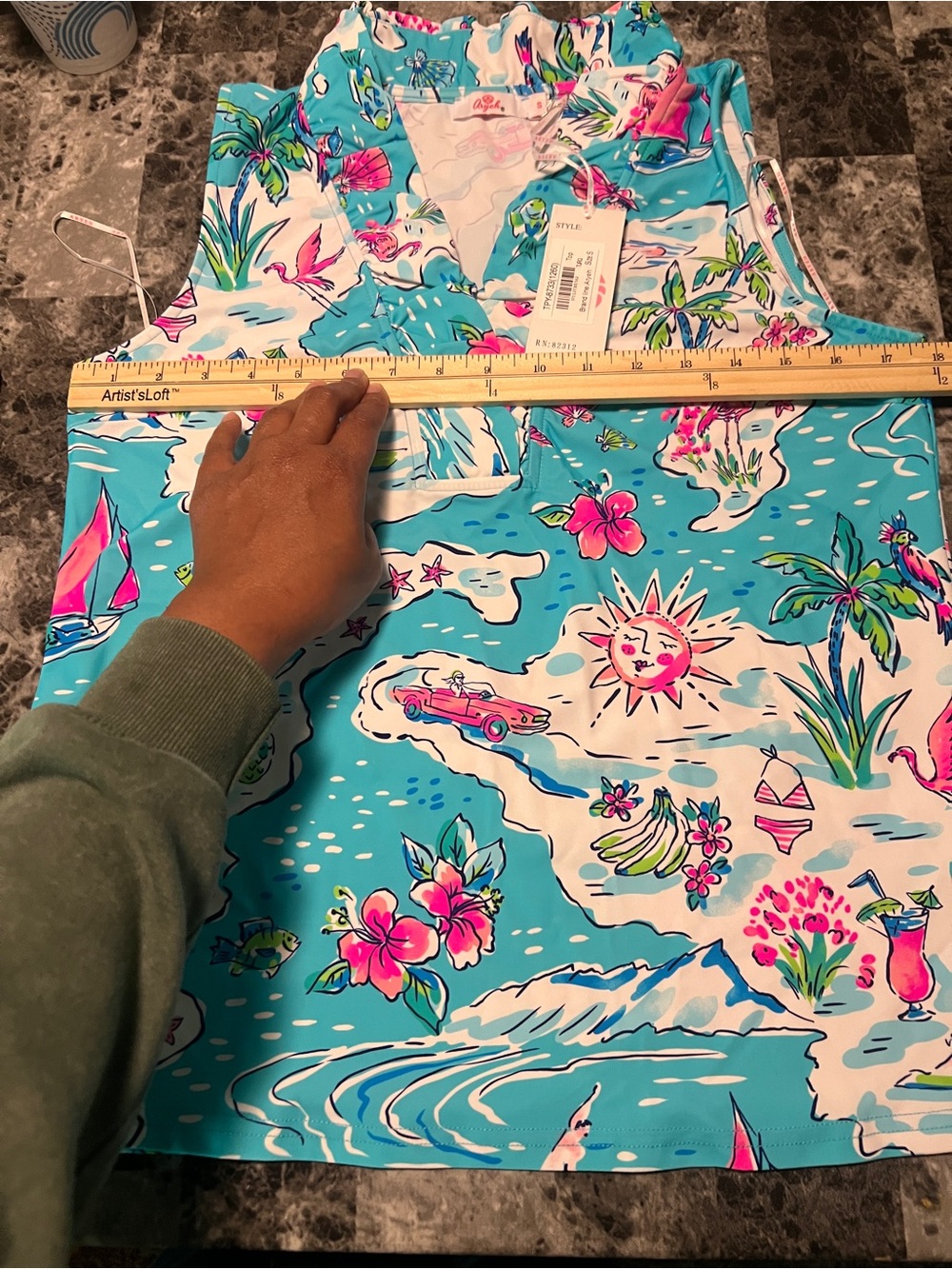 Aryeh Turquoise & Pink Tropical Print Ruffled Sleeveless Top UPF50+ Size S - Picture 11 of 13
